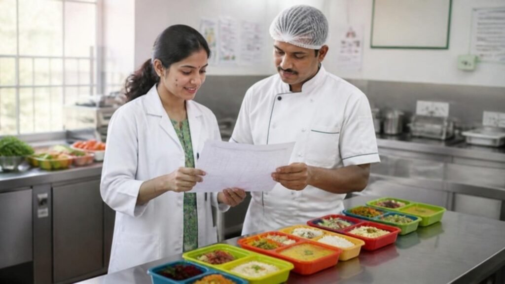 A dietitian and a cook reviewing a menu in a hospital kitchen