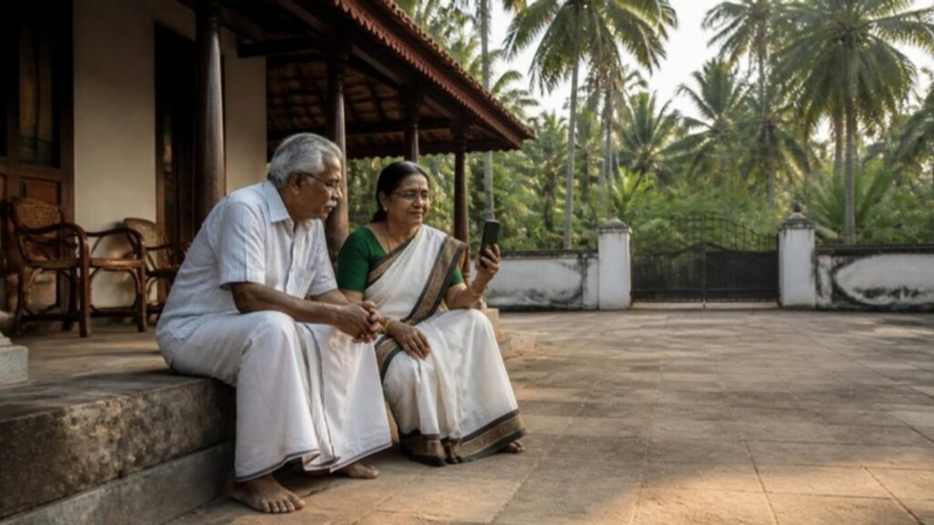 An elderly couple on the steps of a traditional Kerala house, on a video call