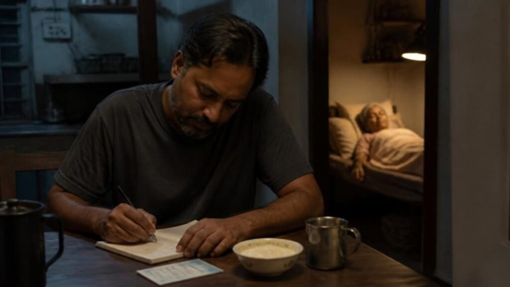 A son writing notes at the kitchen table at night while his mother rests in the next room