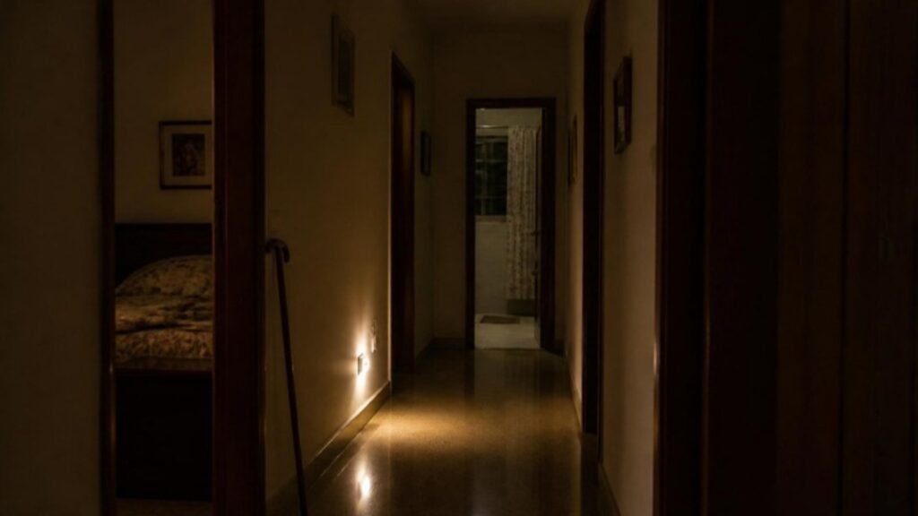 A dim hallway lit by a low night light leading to a bathroom
