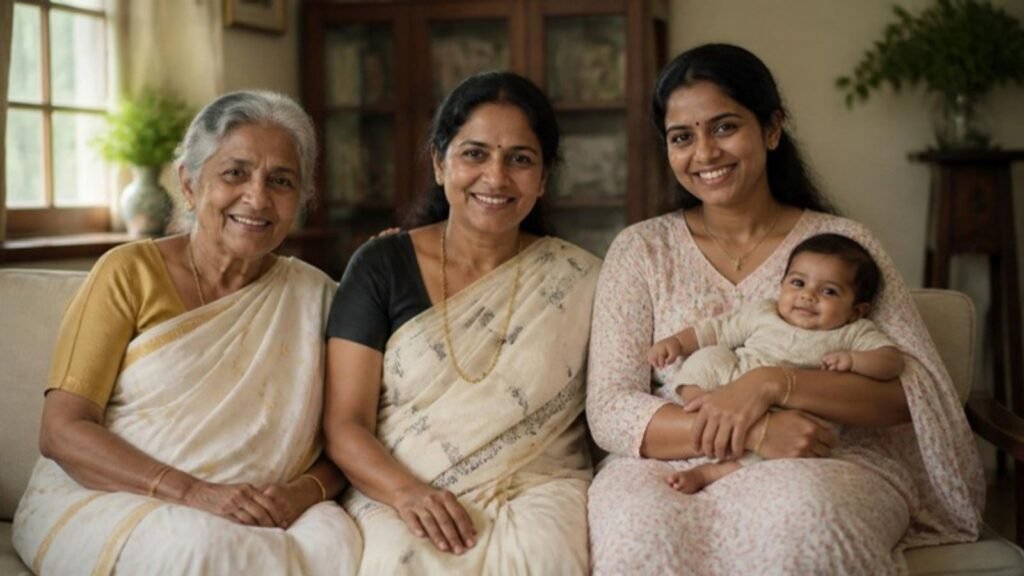 Three generations of women sitting together, one holding a baby
