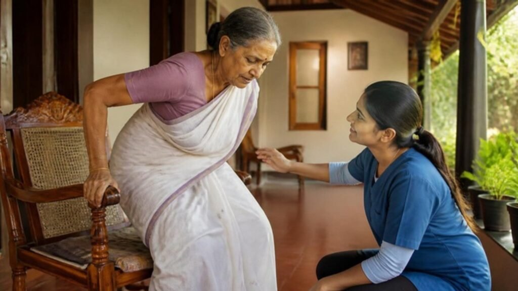 An older woman rising from a chair on a Kerala verandah with a physiotherapist