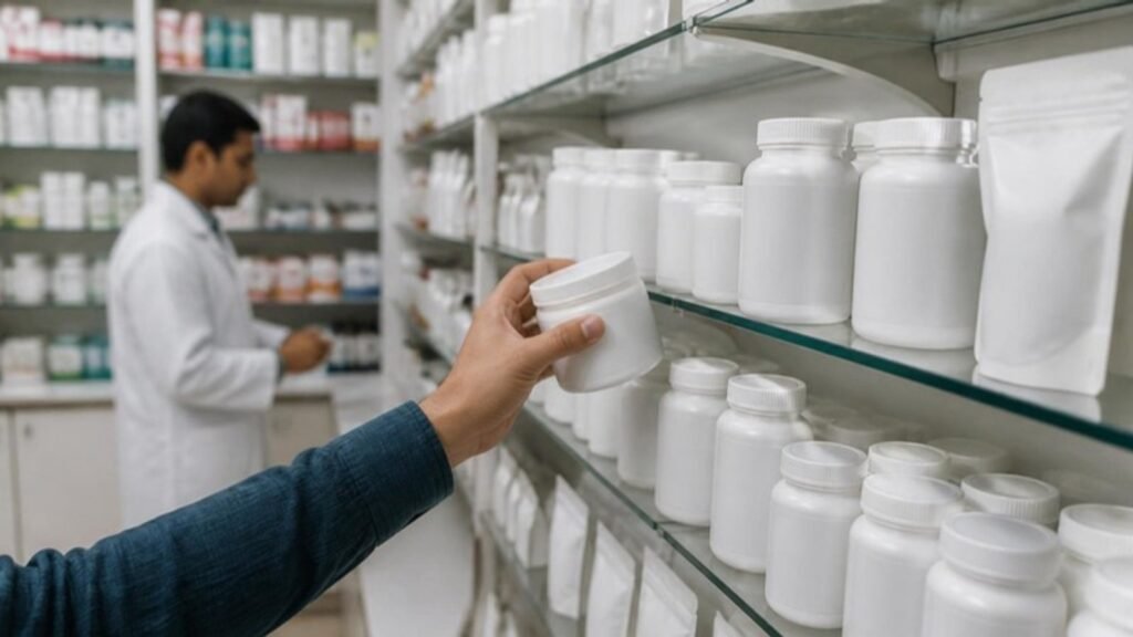 A hand reaching for a plain white tub on a pharmacy shelf