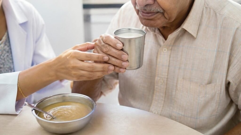 A therapist guiding an older man's hand as he drinks from a steel tumbler
