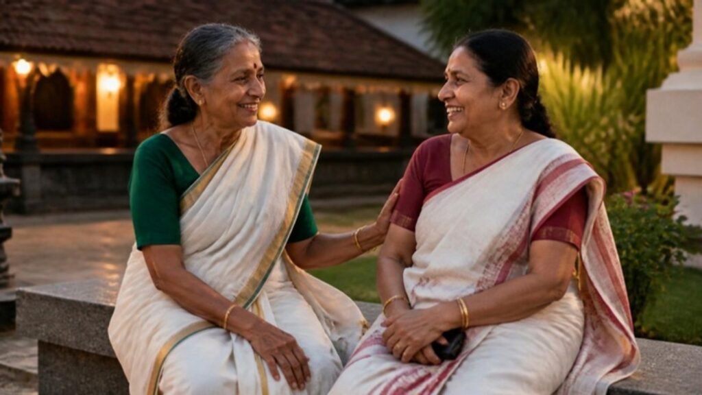 Two women in their sixties talking and laughing on a bench in the evening