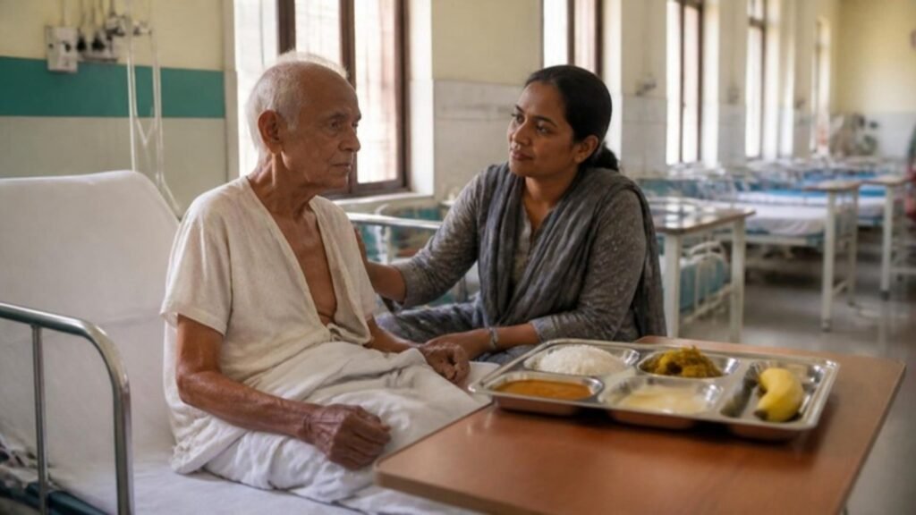 An elderly man in a Kerala hospital bed with an untouched lunch tray, his daughter beside him