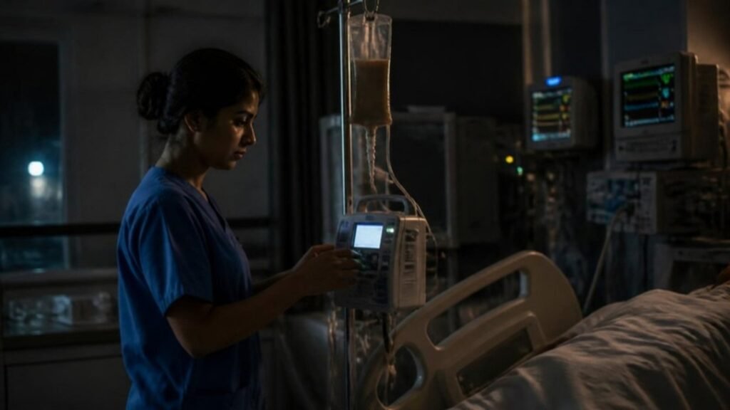 A nurse checking an enteral feeding pump in an ICU at night
